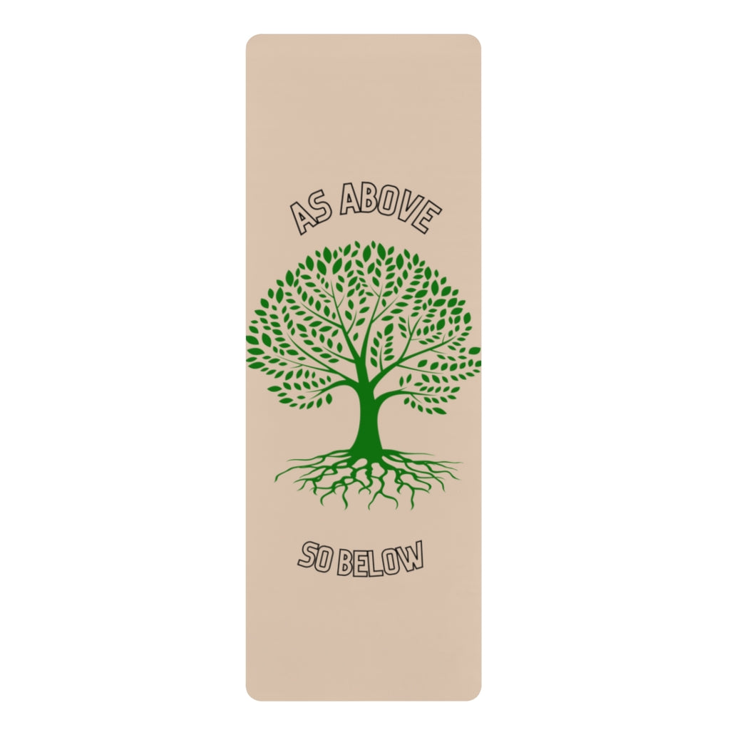 Tan colored yoga mat with a green Tree of Life silhouette with the words "As Above" on top of the tree and "So below" underneath it