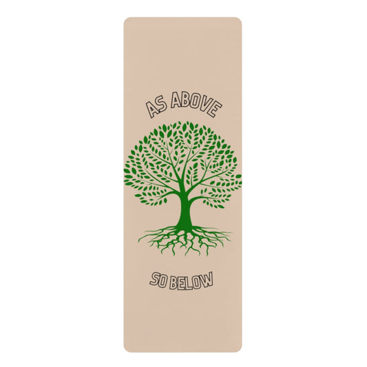 Tan colored yoga mat with a green Tree of Life silhouette with the words "As Above" on top of the tree and "So below" underneath it